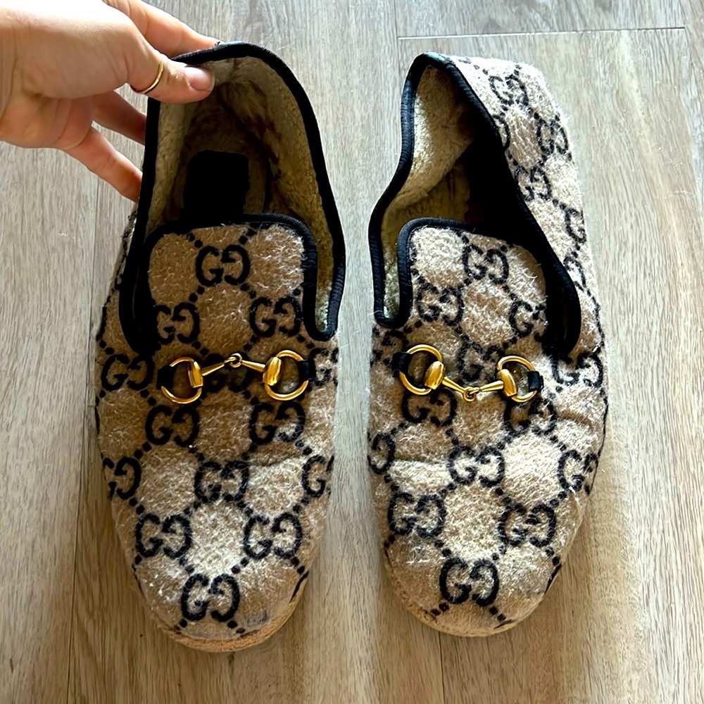 Gucci Beige and Black GG Loafers with Gold Bit